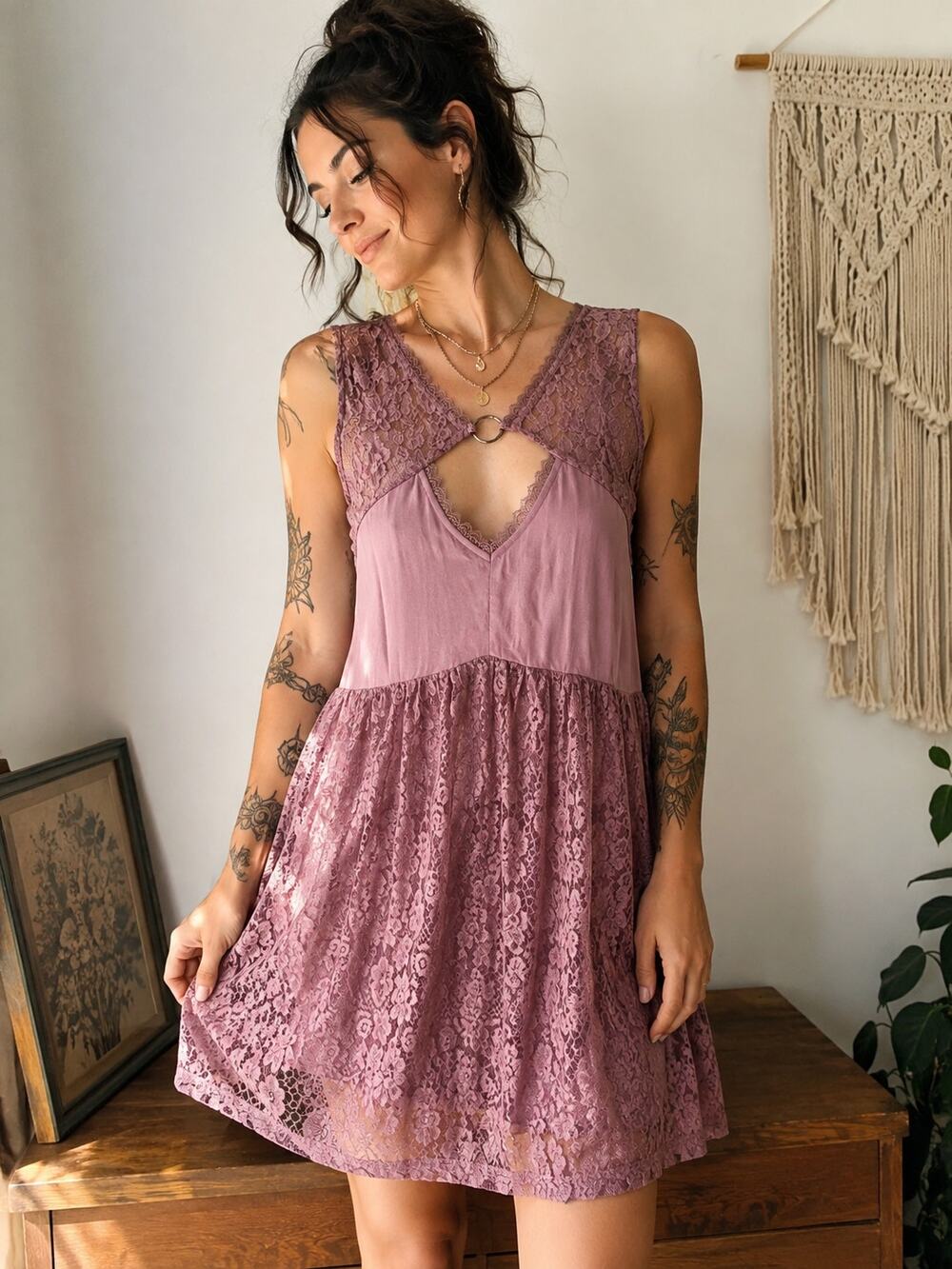 Oddi Lace Babydoll Dress Small Mauve Dusty Pink Cutout Romantic Boho Cottagecore